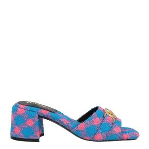 Versace blue and pink checked-tweed mule w/ gold Medusa hardware and block heel
